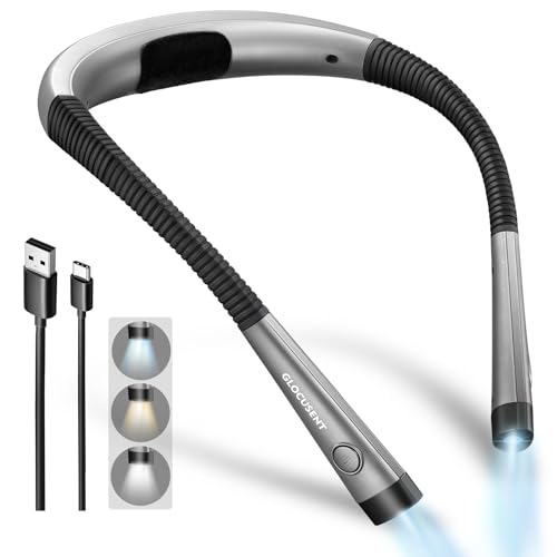 Glocusent Book Light, 3-Color & 6-Brightness Reading Light, Bendable Neck Light, 80-hr Lasting Rechargeable Book Light, Perfect Reading Lights for Books in Bed, Knitting, Repairing, Book Lovers Gifts
