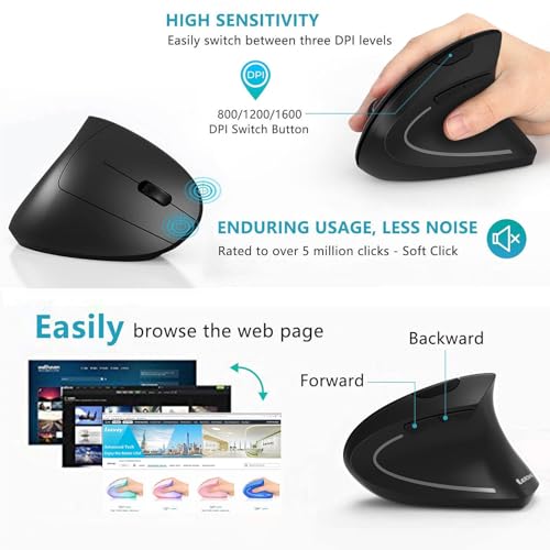 Ergonomic Mouse, LEKVEY Vertical Wireless Mouse - Rechargeable 2.4G Optical Vertical Mice : 3 Adjustable DPI 800/1200/1600 Levels 6 Buttons, for Laptop, Mac, PC, Computer, Desktop, Notebook etc, Black