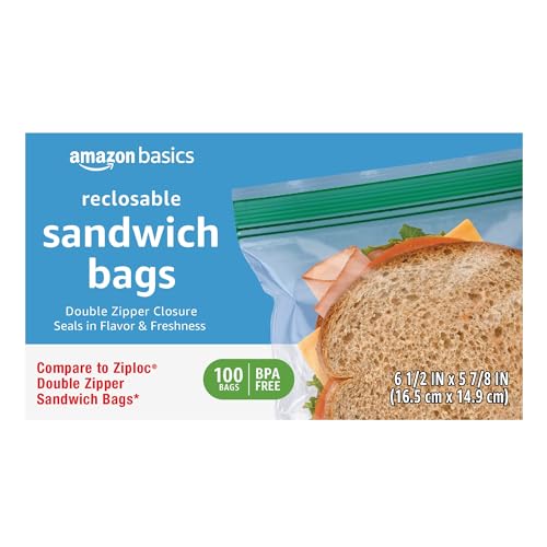 Amazon Basics Reclosable Double Zipper Sandwich Storage Bags for Food Storage, BPA Free, 100 Count