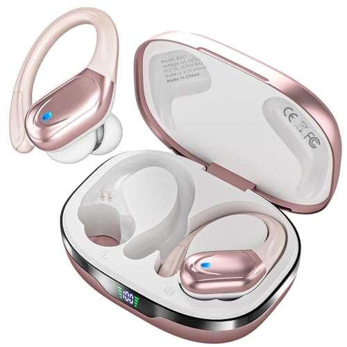Wireless Earbuds, Sports Bluetooth Headphones, 80Hrs Playtime Ear Buds with LED Power Display, Noise Canceling Headset, IPX7 Waterproof Earphones for Workout/Running（Rose Gold）