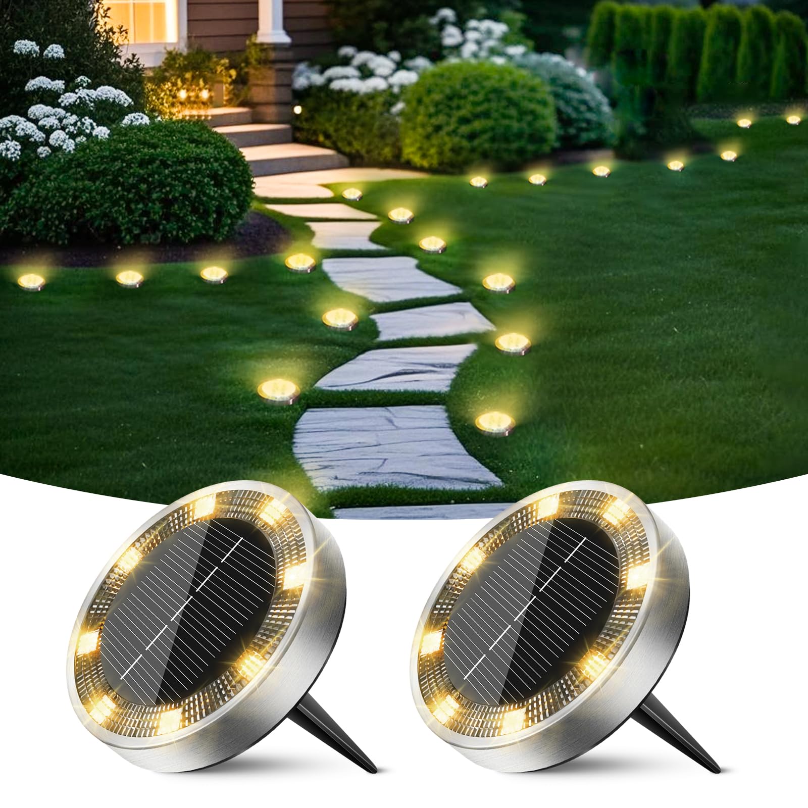 Peasur Solar Ground Lights Outdoor, 2 Pack Flat Solar Powered Disc Lights, IP68 Waterproof, Anti-Rust, Landscape Lighting for Pathway Garden Yard Lawn Walkway Landscape Driveway, Mini, Warm White