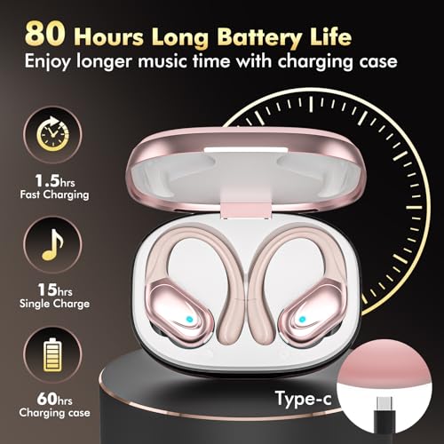 Wireless Earbuds, Sports Bluetooth Headphones, 80Hrs Playtime Ear Buds with LED Power Display, Noise Canceling Headset, IPX7 Waterproof Earphones for Workout/Running（Rose Gold）