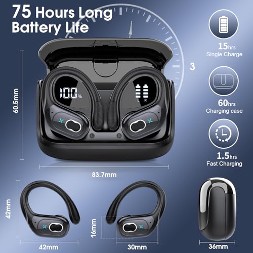 Wireless Earbuds 75hrs Bluetooth 5.4 Headphone Sport, 2026 Bluetooth Earbuds Stereo Deep Bass Over Ear Bud with Earhooks, ENC Noise Cancelling Mic, IPX7 Waterproof Earphone for Gym/Running/Workout