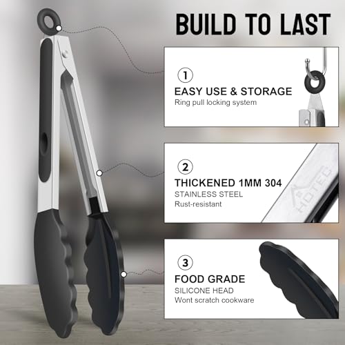 HOTEC Premium Stainless Steel Locking Kitchen Tongs with Silicon Tips, Set of 2-9" and 12"