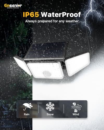 Ensenior Solar Lights Outdoor Motion Sensor, 800LM 220 LED High Brightness, 3 Head 270° Wide Angle Flood Lights, Remote Control Security Lights 4 Modes, IP65 Waterproof Wireless Wall Light, 2 Pack