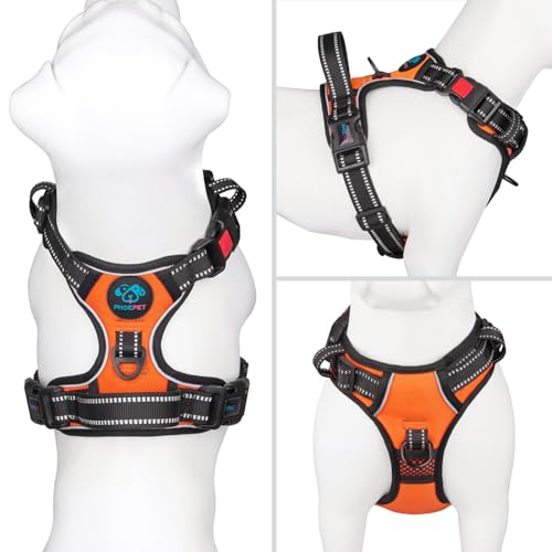 PHOEPET Reflective Dog Harness Large Breed Adjustable No Pull Vest with with Handle 2 Metal Rings 3 Buckles [Easy to Put on & Take Off](L, Orange)
