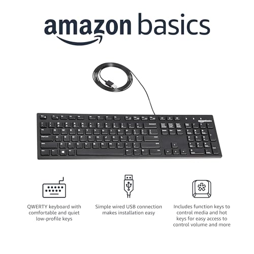 Amazon Basics Wired QWERTY Keyboard, Works with Windows, Plug and Play, Easy to Use with Media Control, Full-Sized, Black