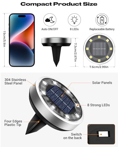 btfarm 2 Pack Solar Lights Outdoor, 8 LED Solar Ground Lights IP65 Waterproof Flat Solar Disc Light, Pathway Lights for Garden Lawn Patio Yard Path Landscape, Cool White