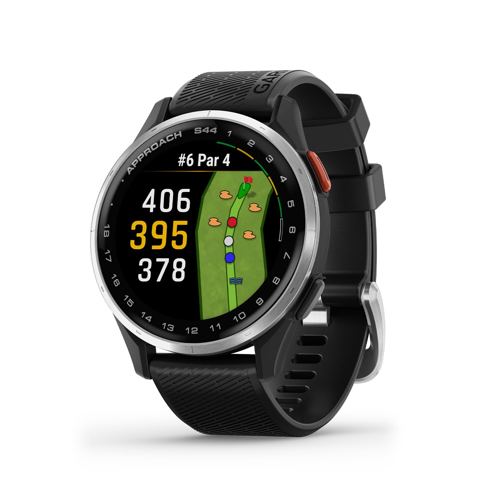 Garmin Approach® S44, Essential Golf GPS Smartwatch, AMOLED Display, On-Course Features, Silver Aluminum Bezel with Black Silicone Band